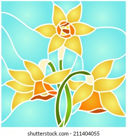 Daffodils, spring flower love, Symbol of Wales / Stained glass window