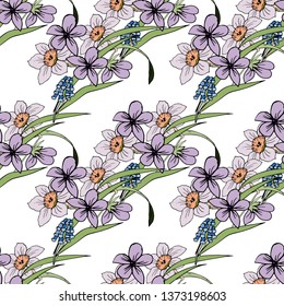 Daffodils and violets. Seamless pattern. Vector illustration.