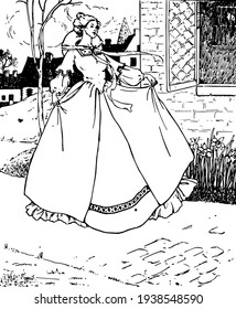 Daffy Down Dilly, this scene shows a female in long gown and holding gown in hands and walking on road, vintage line drawing or engraving illustration