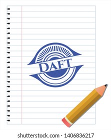 Daft emblem with pen effect. Blue ink. Vector Illustration. Detailed.