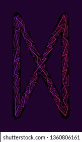 Dagaz Rune. Ancient Scandinavian runes. Runes senior futarka. Magic, ceremonies, religious symbols. Predictions and amulets. Ornament lightning. Dark background, black runes, purple-red ornament Neon 