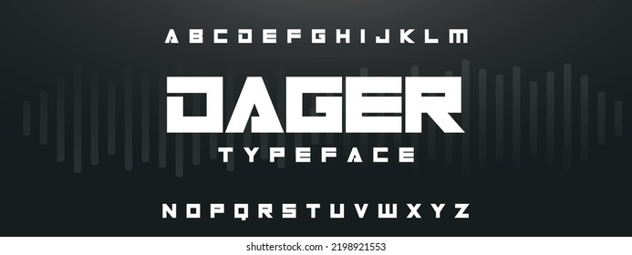 DAGER Sports minimal tech font letter set. Luxury vector typeface for company. Modern gaming fonts logo design.