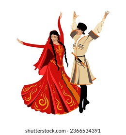 Dagestan folk dance. A girl and a guy dance in folk costumes. Illustration. Logo, clipart. Isolated object on white background. Vector clipart