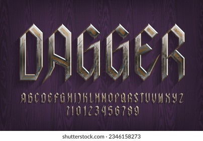 Dagger alphabet font. Medieval metal letters and numbers on a wooden background. Stock vector typescript for your typography design.