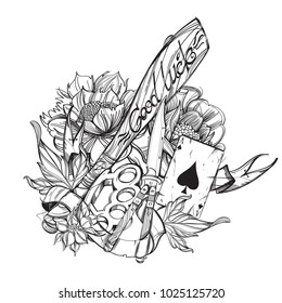 Dagger, brass knuckle, baseball bat contour drawing for coloring or tattooing.