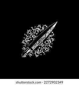 Dagger dotwork tattoo with dots shading, depth illusion, tippling tattoo. Hand drawing white emblem on black background for body art, minimalistic sketch monochrome logo. Vector illustration