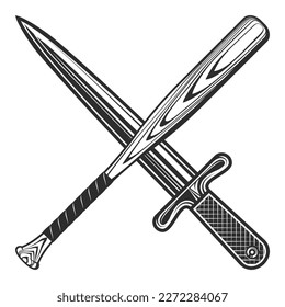 Dagger gangster knife with baseball bat club emblem design elements template in vintage monochrome style isolated vector illustration