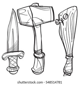 Dagger, hammer and baseball bat. Cartoon drawing for gaming mobile applications. Illustration for coloring.