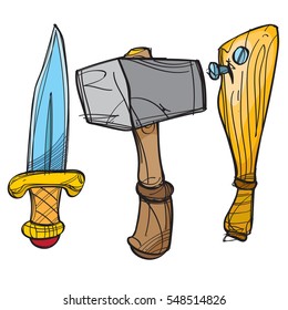 Dagger, hammer and baseball bat. Cartoon drawing for gaming mobile applications.