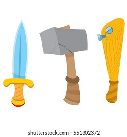 Dagger, hammer and baseball bat. Cartoon drawing for gaming mobile applications.