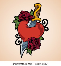 Dagger heart tattoo vector illustration