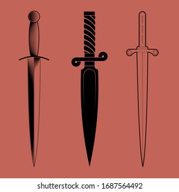 Dagger Icon Sammlung. Silhouette und Liniendesign. Vektorillustration, EPS10