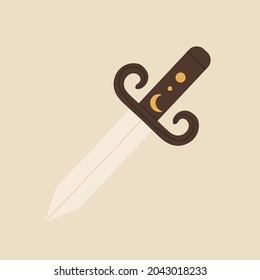 Dagger icon. Dagger knife, sword decorated with a golden moon. Vector illustration in cartoon style. Isolated on white background.