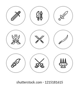 Dagger icon set. collection of 9 outline dagger icons with dagger, sabre, weapon, weapons icons. editable icons.