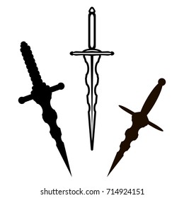 Dagger icon. Set dirk. Traditional tattoo. Silhouette of knife. Logo template.