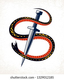 Dagger kills a Snake, defeated Serpent wraps around a sword vector vintage tattoo, Life is a Fight concept, allegorical logo or emblem of ancient symbol.