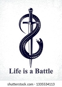 Dagger kills a Snake, defeated Serpent wraps around a sword vector vintage tattoo, Life is a Fight concept, life is no bed of roses, allegorical logo or emblem of ancient symbol.