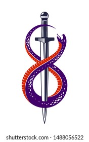 Dagger kills a Snake, defeated Serpent wraps around a sword vector vintage tattoo, Life is a Fight concept, allegorical logo or emblem of ancient symbol.