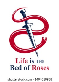 Dagger kills a Snake, defeated Serpent wraps around a sword vector vintage tattoo, Life is a Fight concept, allegorical logo or emblem of ancient symbol.