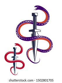 Dagger kills a Snake, defeated Serpent wraps around a sword vector vintage tattoo, Life is a Fight concept, allegorical logo or emblem of ancient symbol.