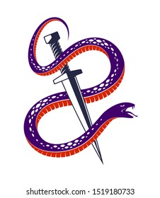 Dagger kills a Snake, defeated Serpent wraps around a sword vector vintage tattoo, Life is a Fight concept, allegorical logo or emblem of ancient symbol.