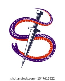 Dagger kills a Snake, defeated Serpent wraps around a sword vector vintage tattoo, Life is a Fight concept, allegorical logo or emblem of ancient symbol.