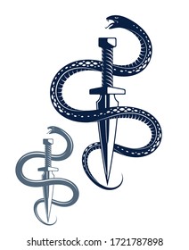 Dagger kills a Snake, defeated Serpent wraps around a sword vector vintage tattoo, Life is a Fight concept, life is no bed of roses, allegorical logo or emblem of ancient symbol.