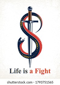 Dagger kills a Snake, defeated Serpent wraps around a sword vector vintage tattoo, Life is a Fight concept, allegorical logo or emblem of ancient symbol.
