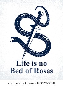 Dagger kills a Snake, defeated Serpent wraps around a sword vector vintage tattoo, Life is a Fight concept, allegorical logo or emblem of ancient symbol.