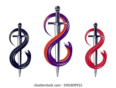 Dagger kills a Snake, defeated Serpent wraps around a sword vector vintage tattoo, Life is a Fight concept, allegorical logo or emblem of ancient symbol.