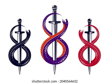 Dagger tötet eine Schlange, besiegt Serpent wickelt um ein Schwert Vintage-Tattoo, das Leben ist ein Kampf Konzept, allegorisches Logo oder Emblem des alten Symbols.