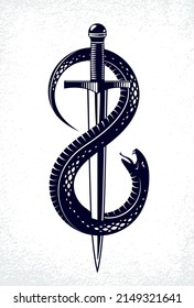 Dagger kills a Snake, defeated Serpent wraps around a sword vector vintage tattoo, Life is a Fight concept, allegorical logo or emblem of ancient symbol.