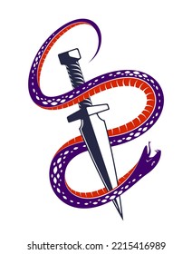 Dagger kills a Snake, defeated Serpent wraps around a sword vector vintage tattoo, Life is a Fight concept, allegorical logo or emblem of ancient symbol.