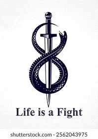 Dagger kills a Snake, defeated Serpent wraps around a sword vector vintage tattoo, Life is a Fight concept, life is no bed of roses, allegorical logo or emblem of ancient symbol.