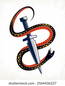 Dagger kills a Snake, defeated Serpent wraps around a sword vector vintage tattoo, Life is a Fight concept, allegorical logo or emblem of ancient symbol.