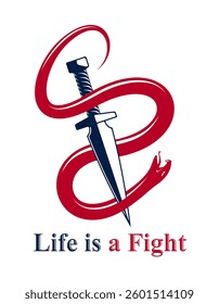 Dagger kills a Snake, defeated Serpent wraps around a sword vector vintage tattoo, Life is a Fight concept, allegorical logo or emblem of ancient symbol.