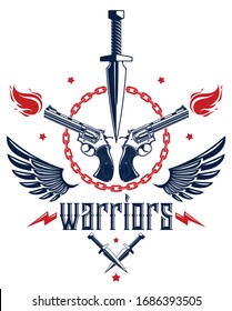 Dagger knife and other weapons  vector emblem of Revolution and War, tattoo with lots of design elements, anarchy and chaos concept, criminal and gangster style, social tension theme.