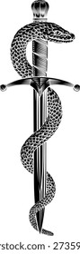 A dagger knife with snake wrapped around it in a vintage woodcut engraved etching tattoo illustration style