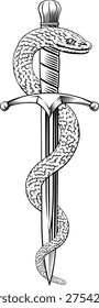 A dagger knife with snake wrapped around it in a vintage woodcut engraved etching tattoo illustration style