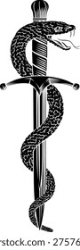 A dagger knife with snake wrapped around it in a vintage woodcut engraved etching tattoo illustration style