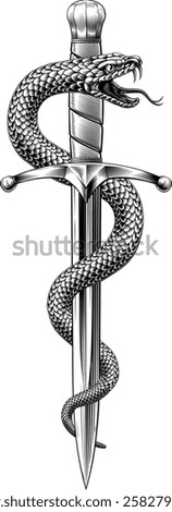 A dagger knife with snake wrapped around it in a vintage woodcut engraved etching tattoo illustration style
