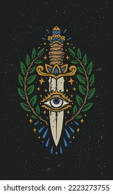 The dagger knife vintage tattoo style illustration