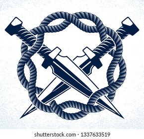 Dagger knives crossed vector criminal gang logo or sign, gangster style theme.