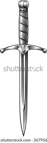 A dagger medieval knightly sword parrying knife in a vintage woodcut engraved etching illustration style
