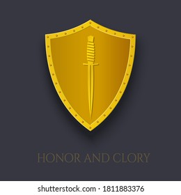 Dagger on Shield. Gold Emblem Military Combat Knife. Logo or Tattoo. Sticker or Patch for Jackets, Shirt and T-Shirts