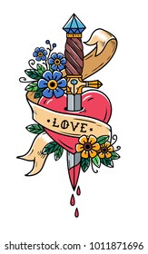 Dagger Piercing Heart With Dripping Blood. Heart Bleeding. Betrayal. Heart With Ribbon And Lettering Love. Retro Tattoo. Old School Retro Vector Illustration.