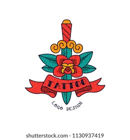 Dagger, red rose flower, ribbon and word Tattoo, classic American old school tattoo vector Illustration on a white background