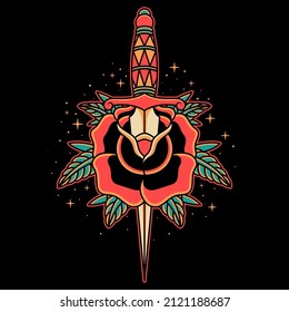 Dagger and Rose Old School Vector Illustration On Isolated Background