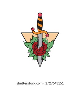 Plantilla de tatuaje de daga y rosa. Tatuajes tradicionales rosa y daga tinta estilo tatuaje de la vieja escuela. Vector aislado.