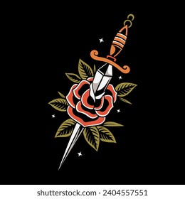 dagger and rose Vector old school tattoo vintage tattoo style illustration